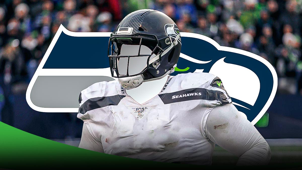 Seahawks logo next to dark silhouette of a football player, preferably an offensive lineman
