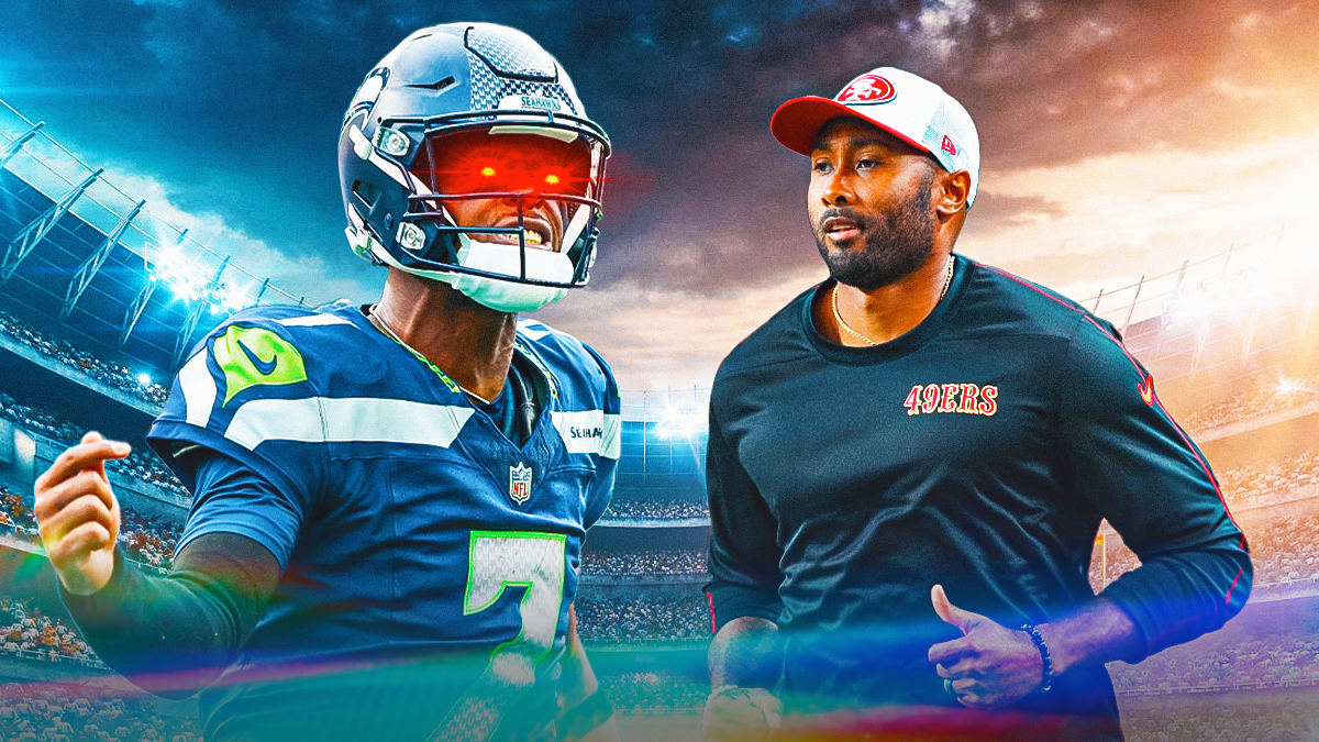 Geno Smith in a Seattle Seahawks uniform with glowing red eyes looking at San Francisco 49ers coach K.J. Wright as Smith was mad seeing Wright with the 49ers.