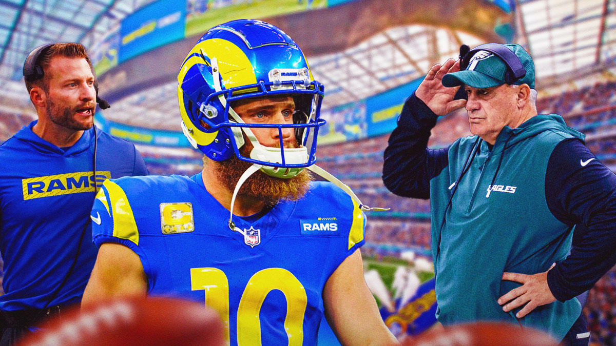 Sean McVay and Cooper Kupp on one since Vic Fangio on the other in front of the Rams Stadium