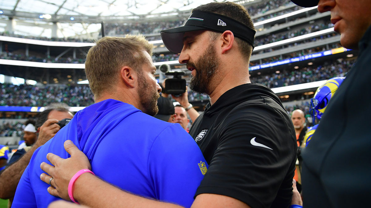 Los Angeles Rams head coach Sean McVay meets with Philadelphia Eagles head coach Nick Sirianni following the game at SoFi Stadium. 