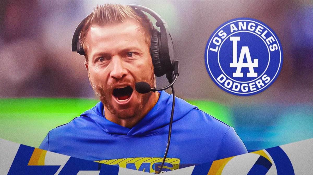 Rams Sean McVay looking excited next to a Dodgers logo