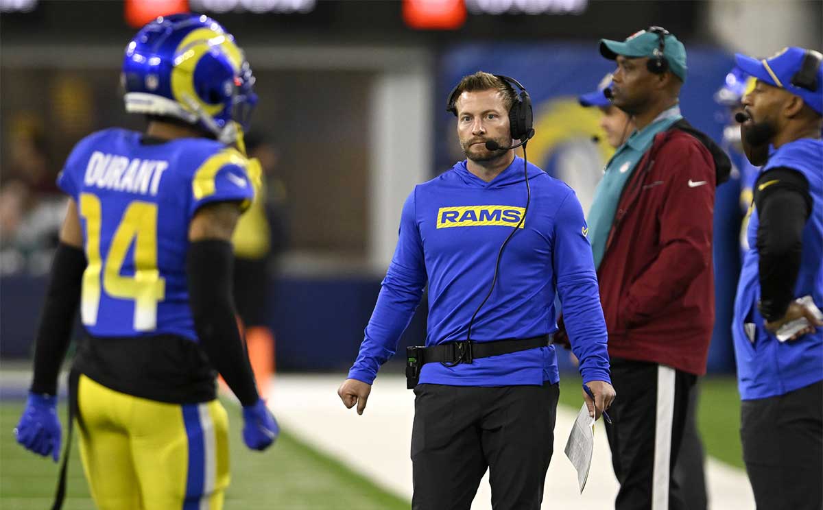 Los Angeles Rams head coach Sean McVay, center, watches from the sidelines during the second half against the Philadelphia Eagles at SoFi Stadium.