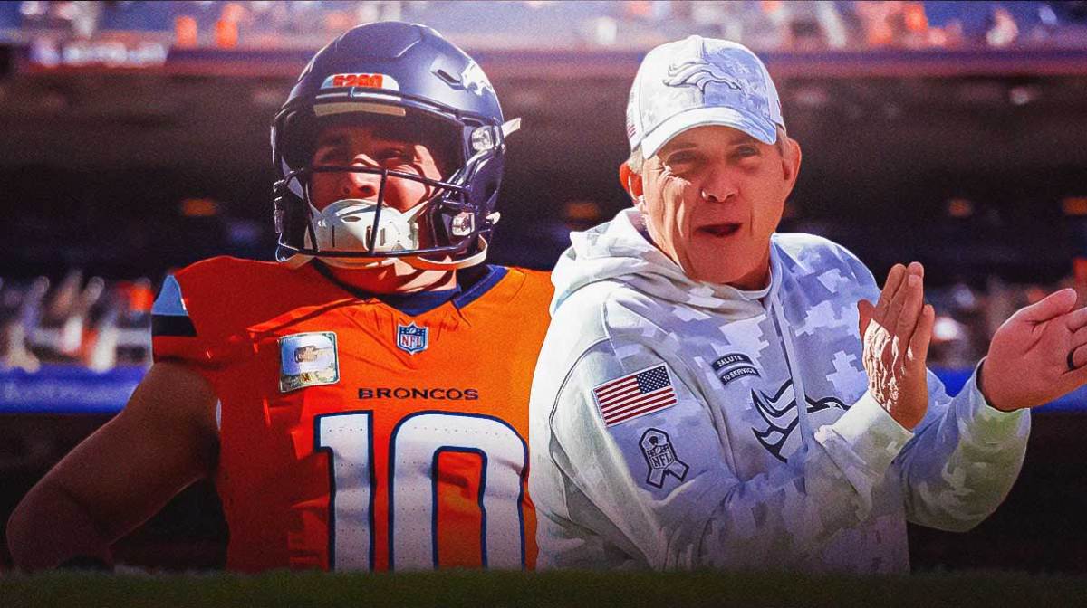 Image of Broncos head coach Sean Payton looking happy next to image of Broncos QB Bo Nix looking hyped. Broncos logo in background