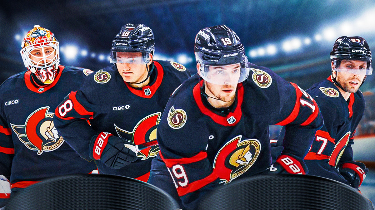 Drake Batherson, David Perron, Linus Ullmark and Tim Stutzle all in action if possible, Ottawa Senators logo, hockey rink in background