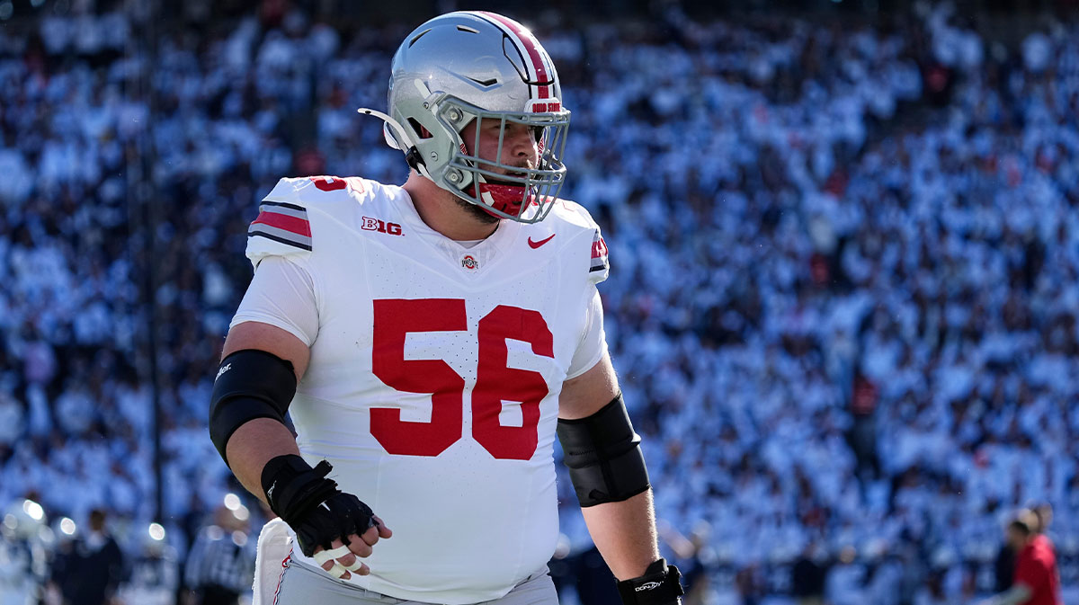 Ohio State Buckeyes offensive lineman Seth McLaughlin (56) warms up during the NCAA football game against the Penn State Nittany Lions at Beaver Stadium in University Park, Pa. on Monday, Nov. 4, 2024. Ohio State won 20-13.