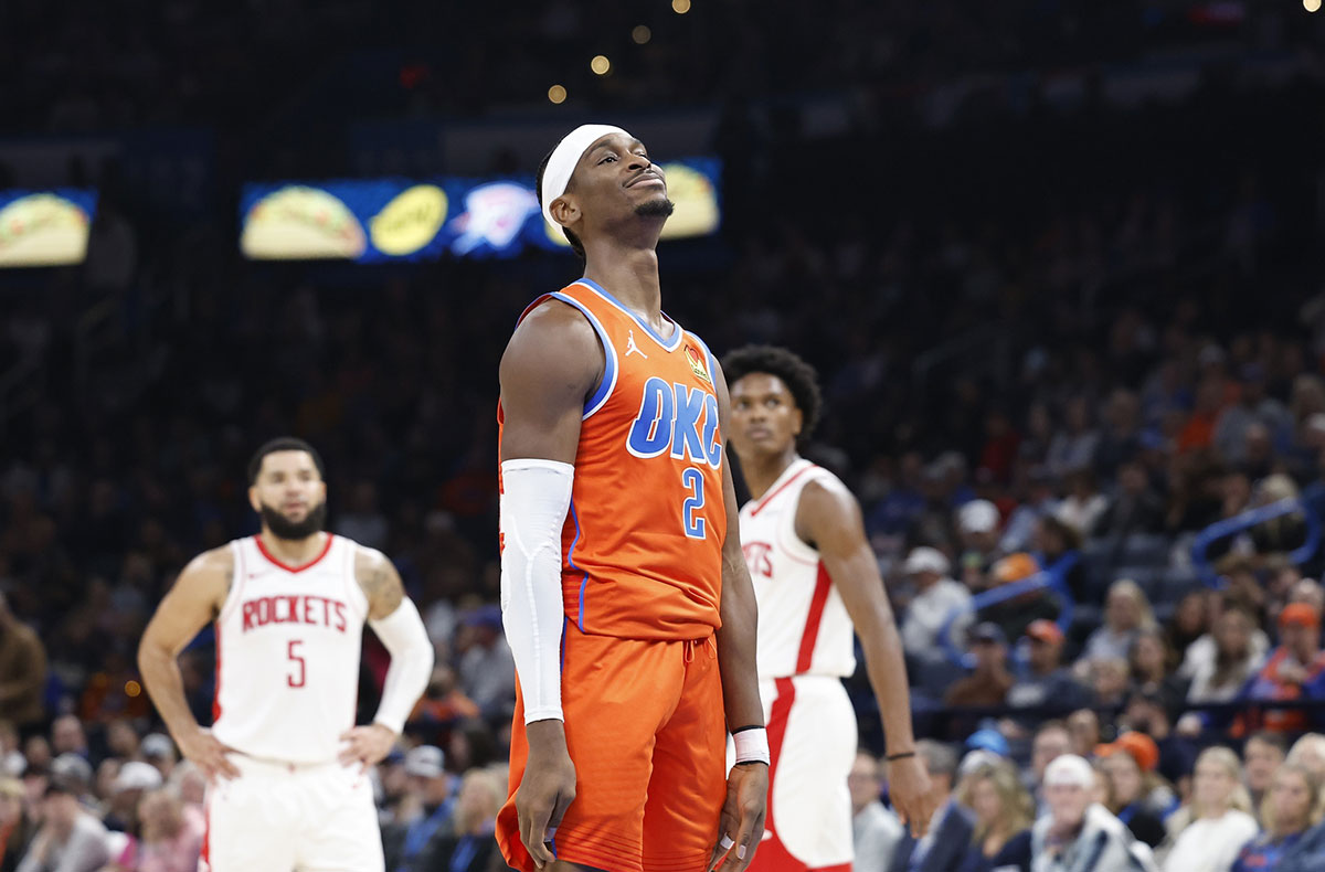 Oklahoma City Thunder guard Shai Gilgeous-Alexander (2) smiles before taking a free throw shot during the second quarter against the Houston Rockets at Paycom Center.