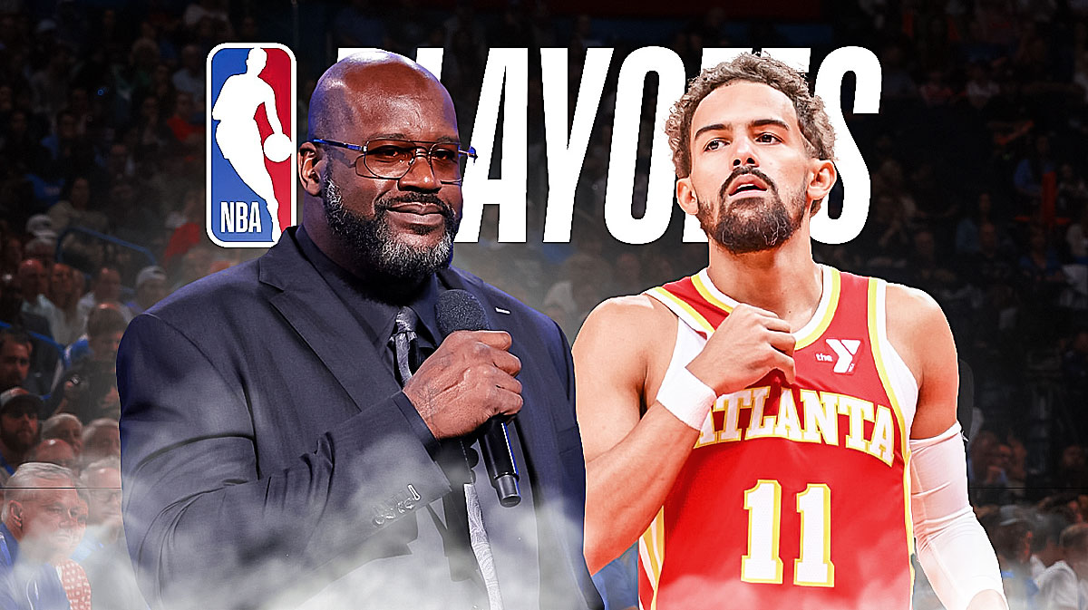 Shaquille O'neal beside Trae Young. Playoffs logo in the background.