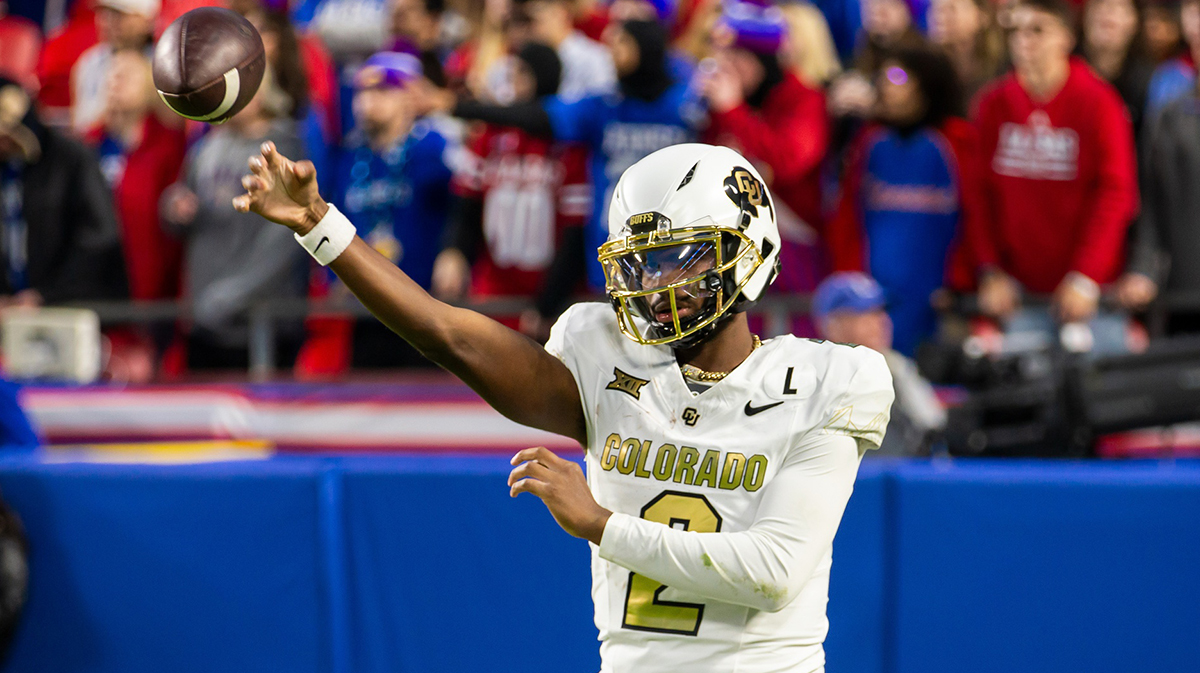 Colorado quarterback Shedeur Sanders (2) warms up during the 4th quarter between the Kansas Jayhawks and the Colorado Buffaloes at GEHA Field at Arrowhead Stadium.