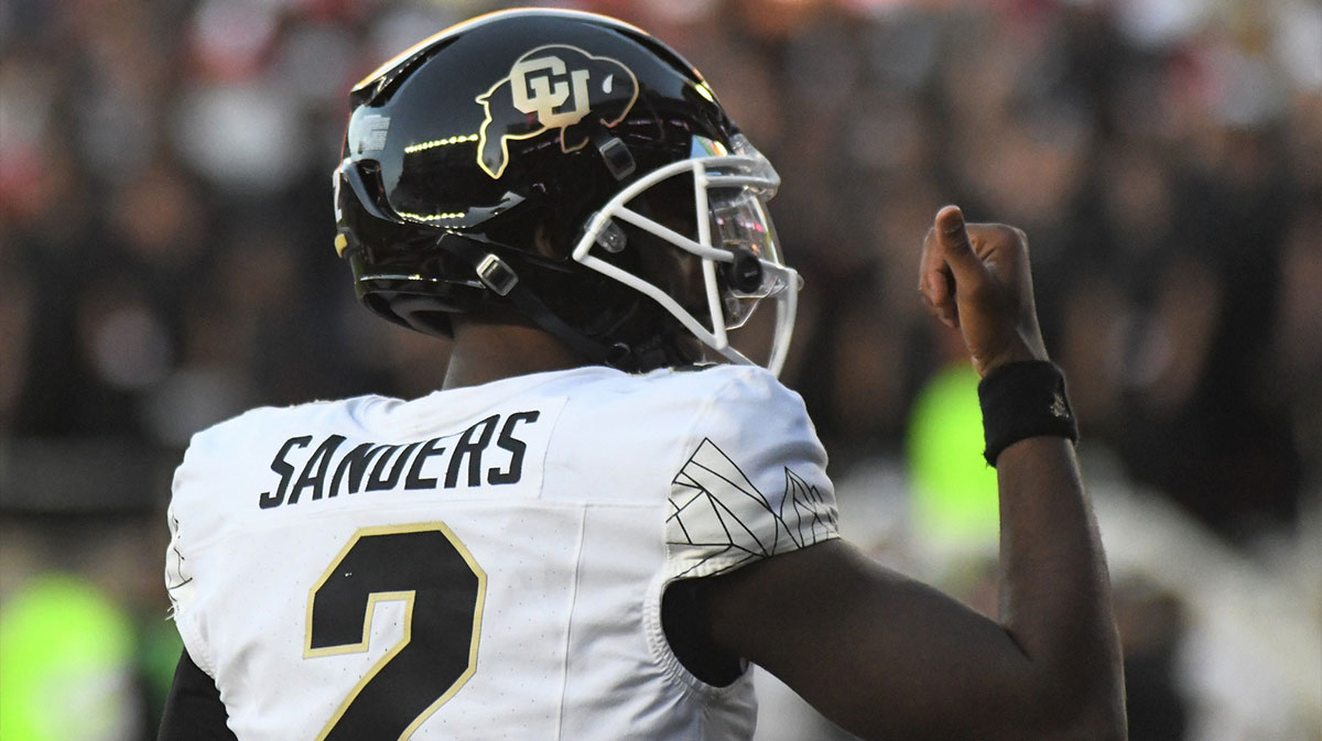 Colorado's Shedeur Sanders gestures after a touchdown against Texas Tech in a Big 12 football game