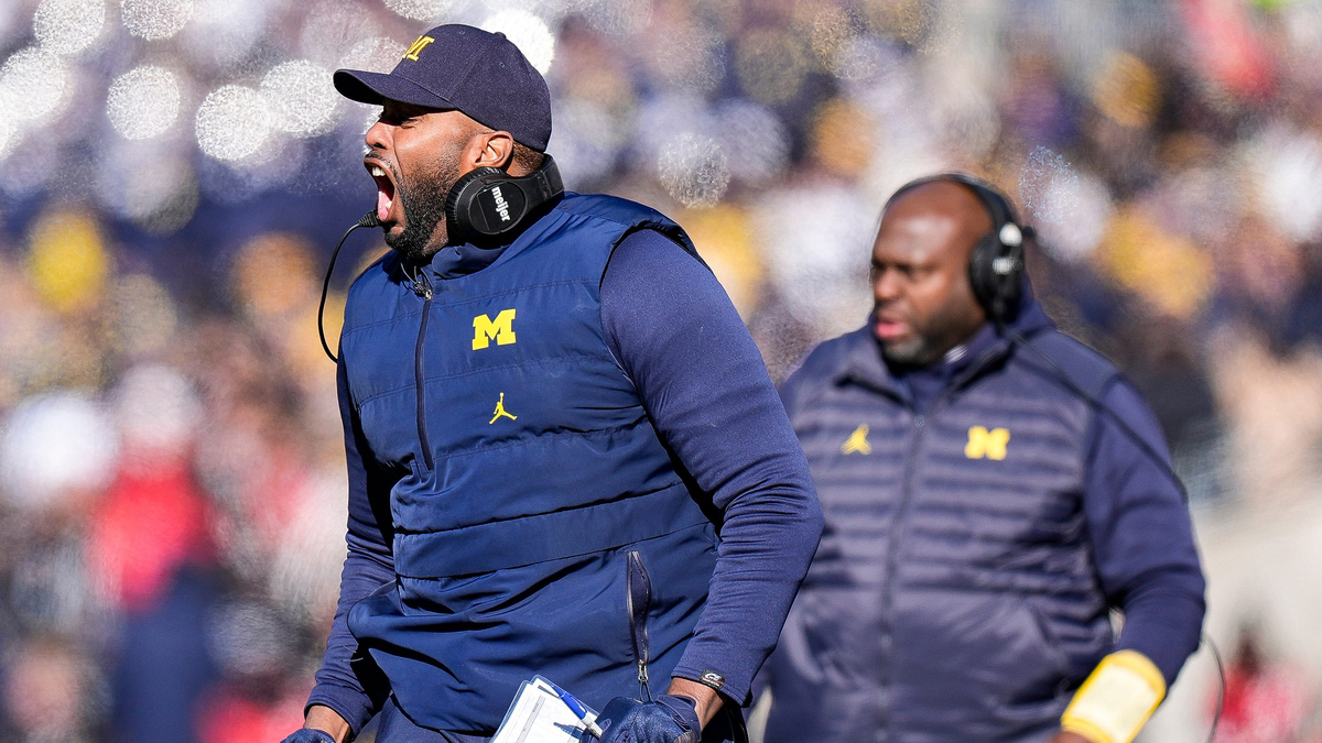 Michigan head coach Sherrone Moore reacts to a play against Ohio State during the first half at Ohio Stadium