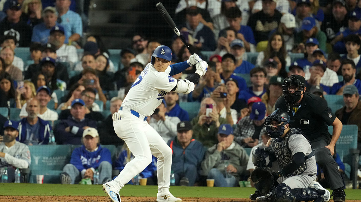 Los Angeles Dodgers designated hitter Shohei Ohtani (17) bats against the New York Yankees in the seventh inning for game two of the 2024 MLB World Series at Dodger Stadium.