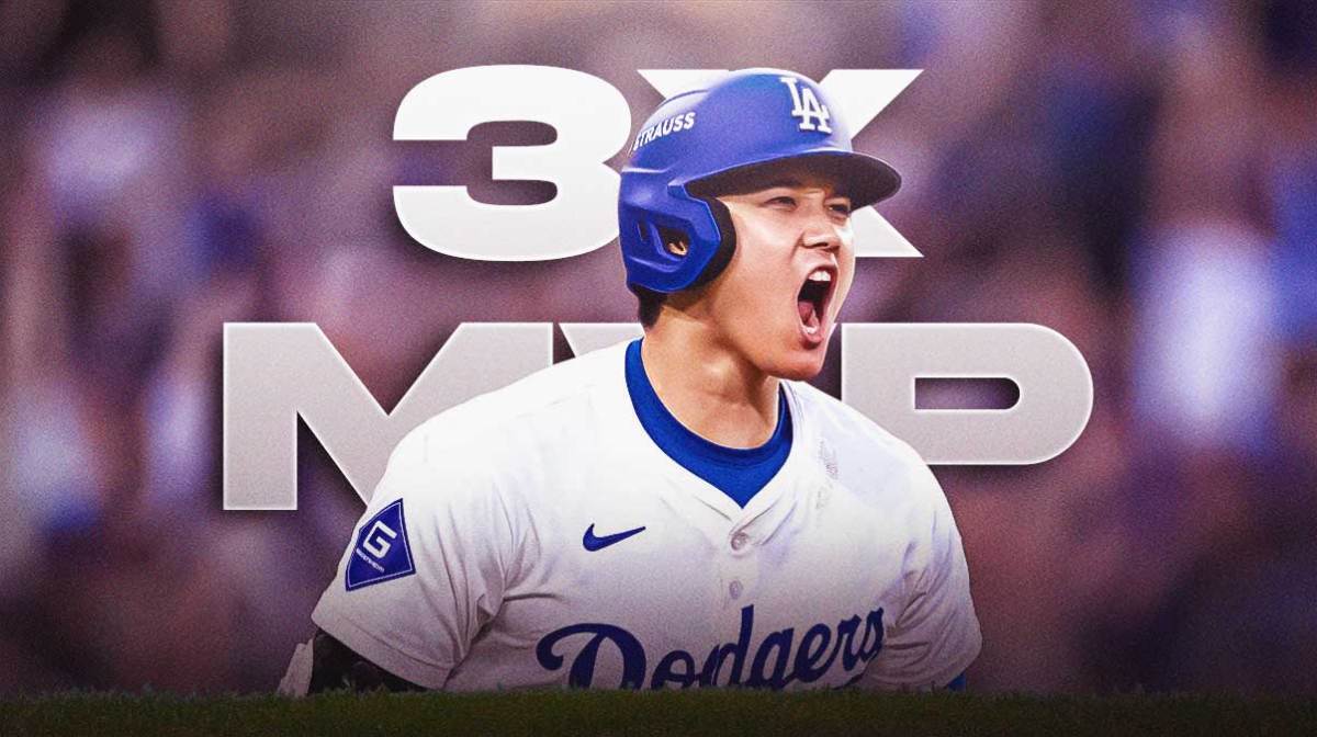 Shohei Ohtani in Dodgers gear. Huge "3X MVP" in the background.