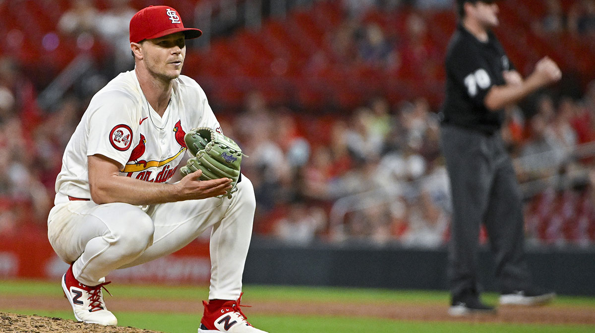 St. Louis Cardinals starting pitcher Sonny Gray (54) reacts after third baseman Nolan Arenado (not pictured) completed an inning ending double play against the Pittsburgh Pirates during the third inning at Busch Stadium.