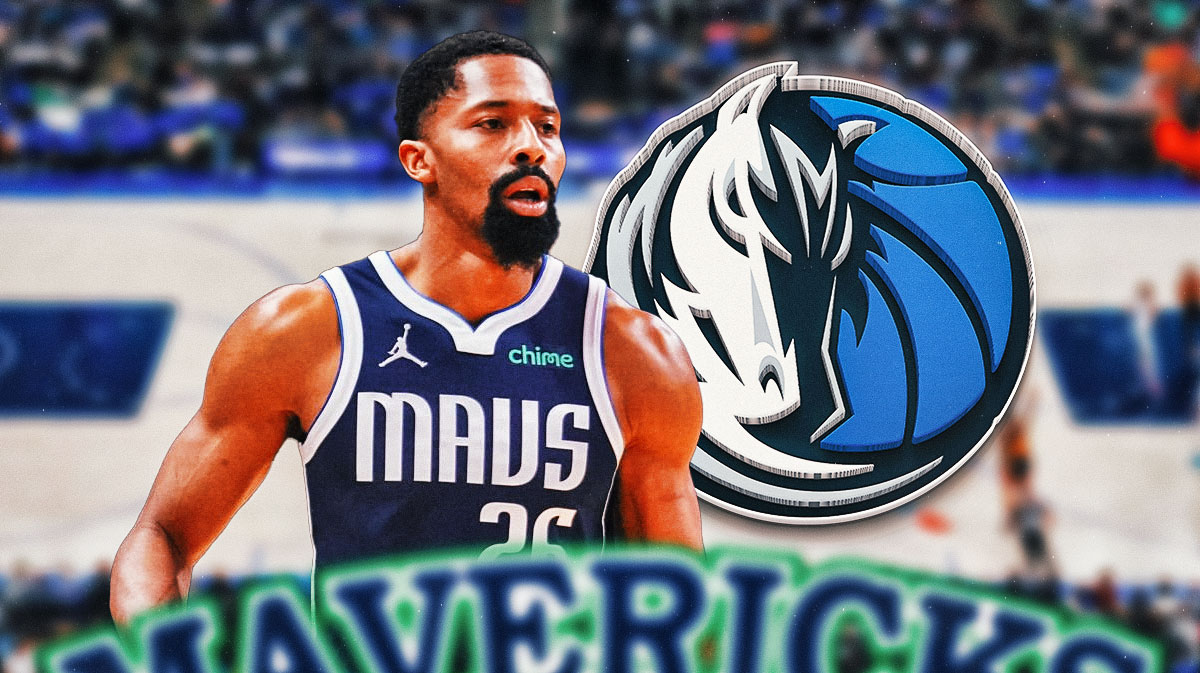 Mavericks Spencer Dinwiddie on left, Dallas Mavericks 2024 logo on right.