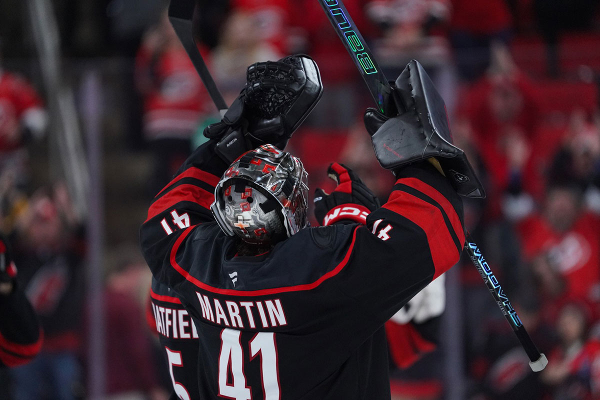 Carolina Hurricanes goaltender Spencer Martin (41) celebrates his win after the game against the Dallas Stars at Lenovo Center.