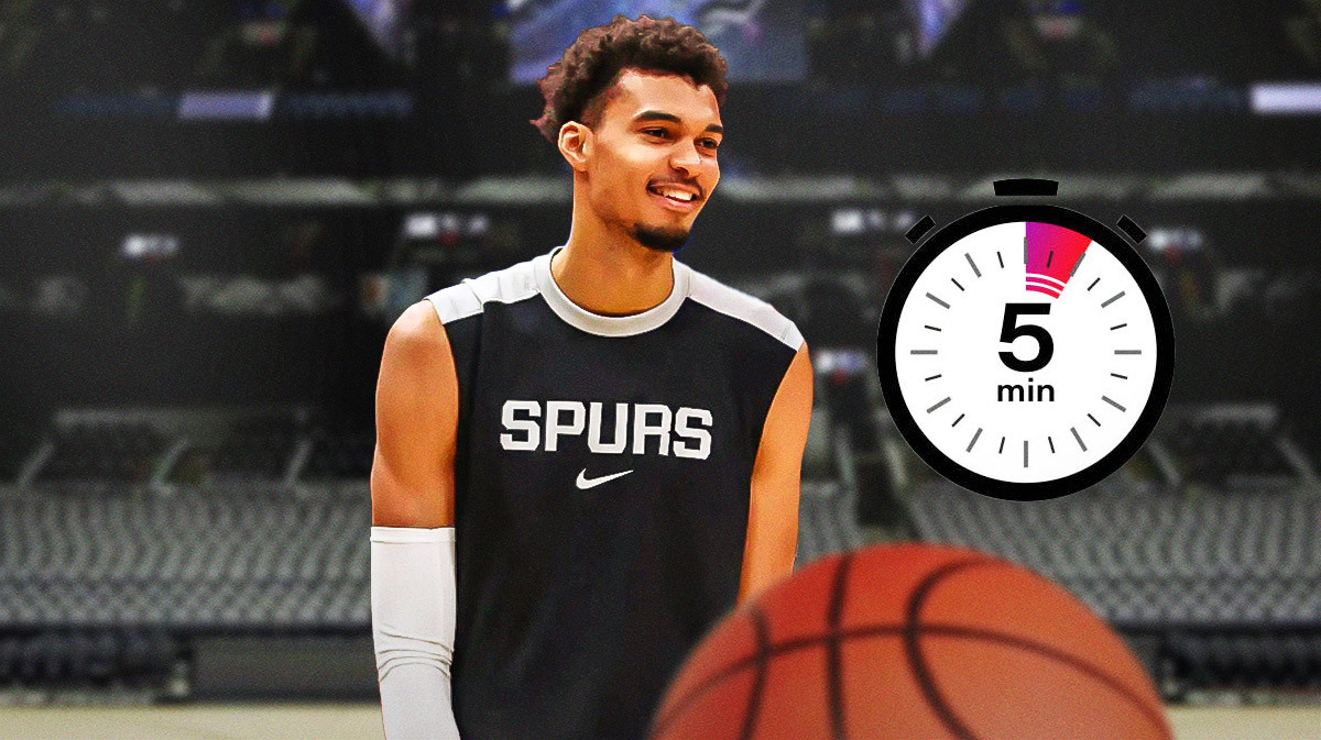 Featured Image: Victor Wembanayama sly look image, a timer image (to indicate minutes), Spurs logo