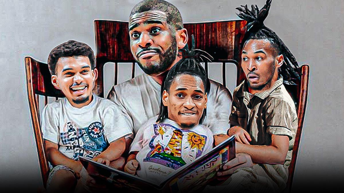 Spurs' Chris Paul looking old in a rocking chair while telling stories to children Victor Wembanyama, Stephon Castle, and Devin Vassell