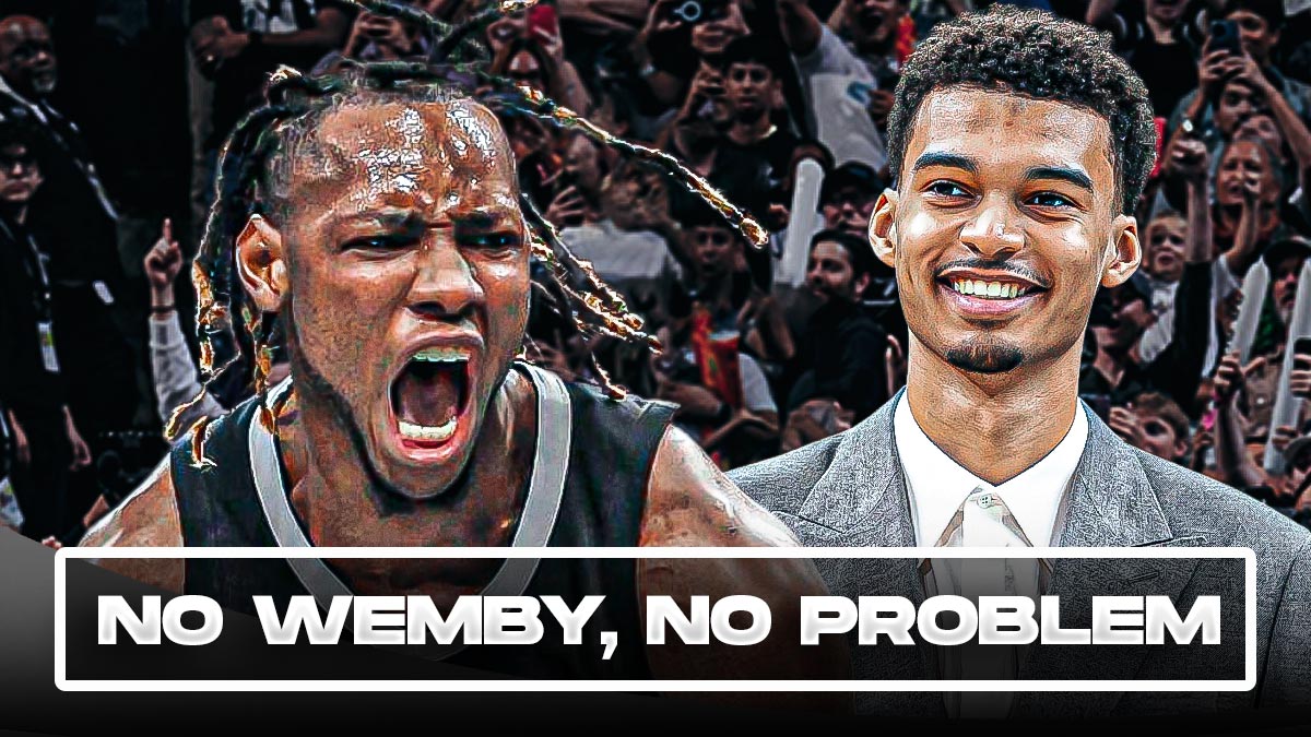 Spurs' Charles Bassey hyped up, with Victor Wembanyama beside him (Wemby in casual clothes), caption below: NO WEMBY, NO PROBLEM