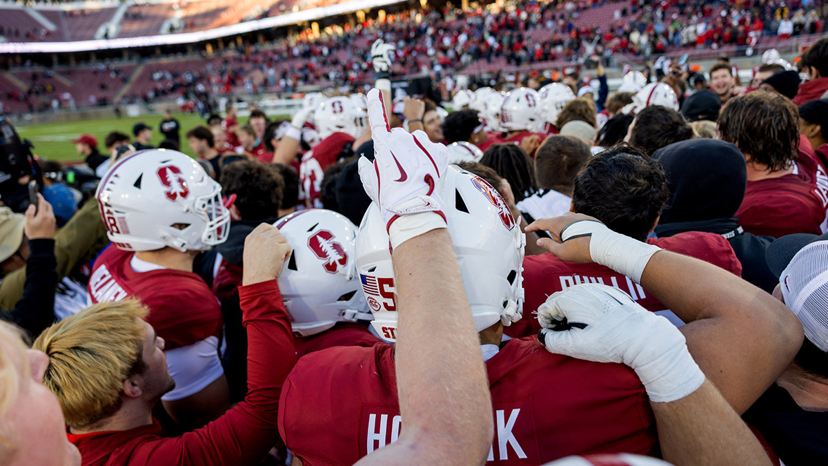 Stanford Cardinal players celebrates after defeating the Louisville Cardinals at Stanford Stadium.