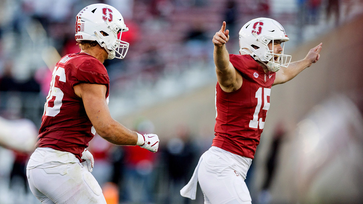 Stanford Cardinal punter Connor Weselman (15) celebrates after the game-winning field goal against the Louisville Cardinals during the fourth quarter at Stanford Stadium.