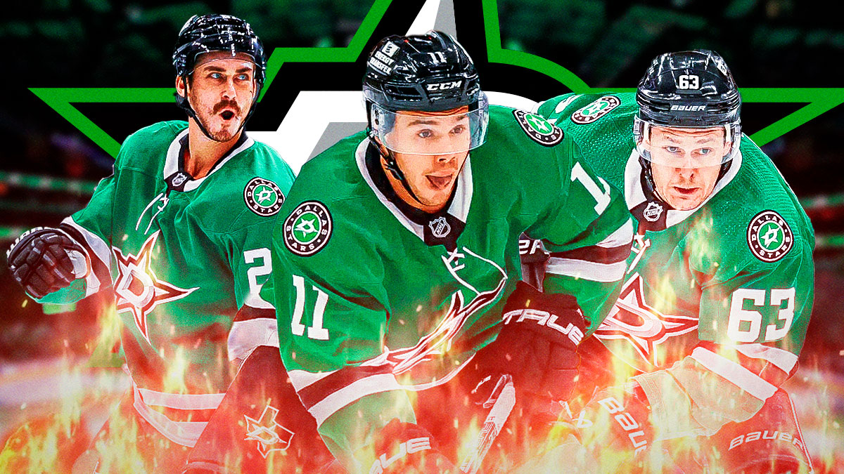 Logan Stankoven, Evgeni Dadonov and Mason Marchment all in image looking happy with fire around them, hockey rink in background, Dallas Stars logo in background