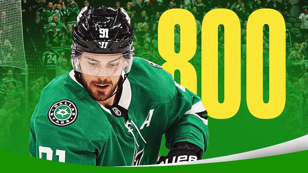 Tyler Seguin in Stars gear with huge "800" behind him.
