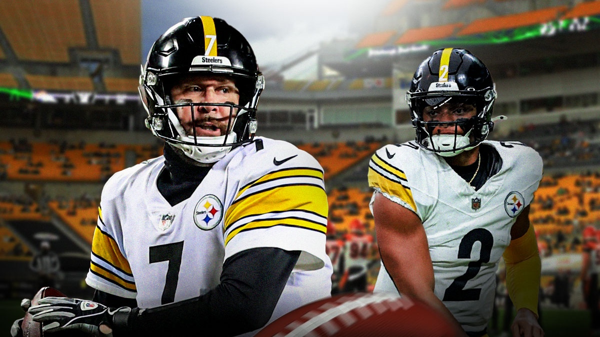 Ben Roethlisberger next to Justin Fields in front of the Steelers stadium