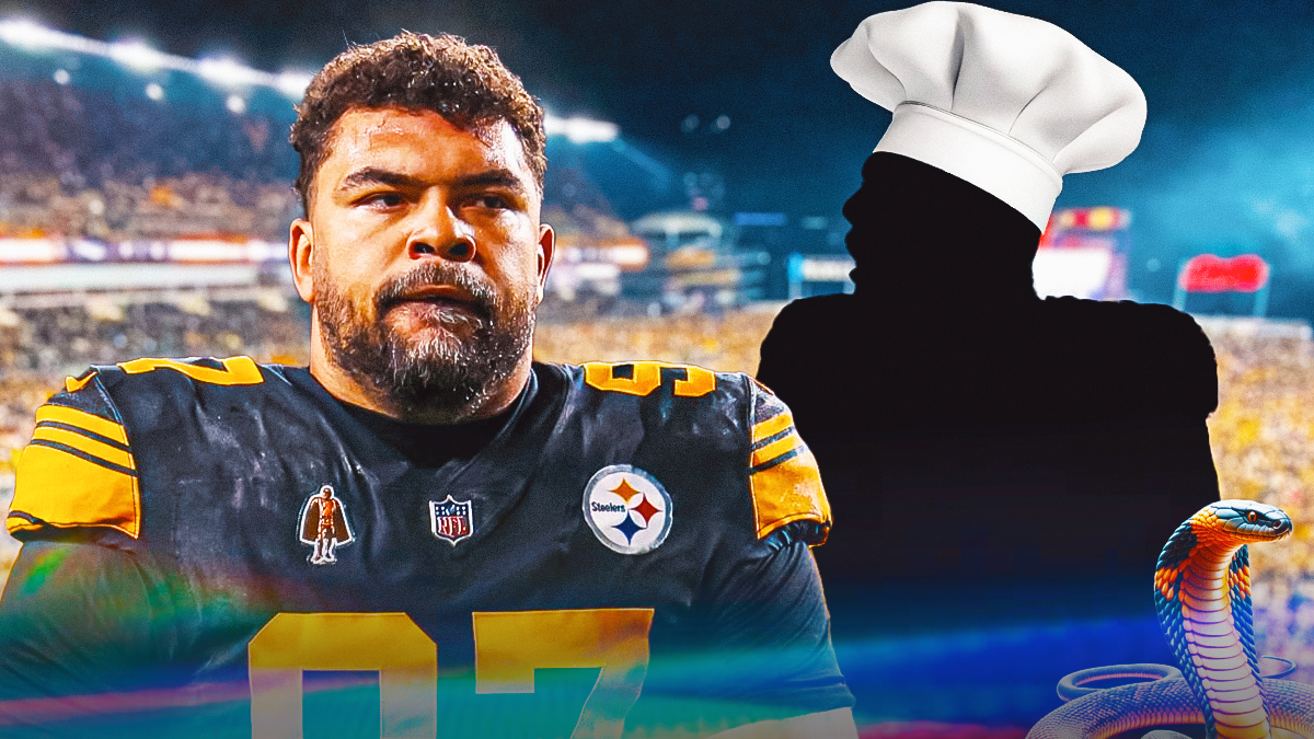 a confused Cam Heyward looking at a silhouette of Darnell Washington wearing a chef's hat beside a snake