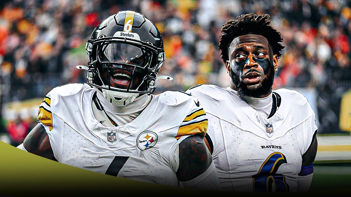Image of Steelers linebacker Patrick Queen next to image of Ravens linebacker Patrick Queen (he was on the Ravens last year). Steelers logo in background