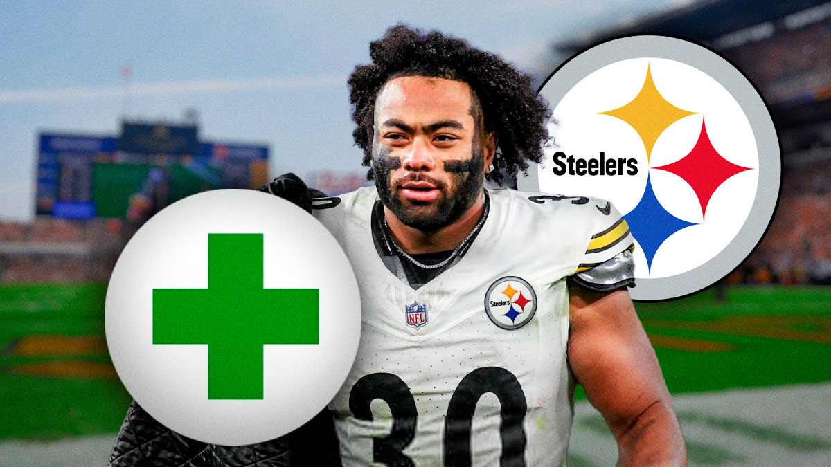 Pittsburgh Steelers RB Jaylen Warren with a green injury symbol. There is also a logo for the Pittsburgh Steelers.