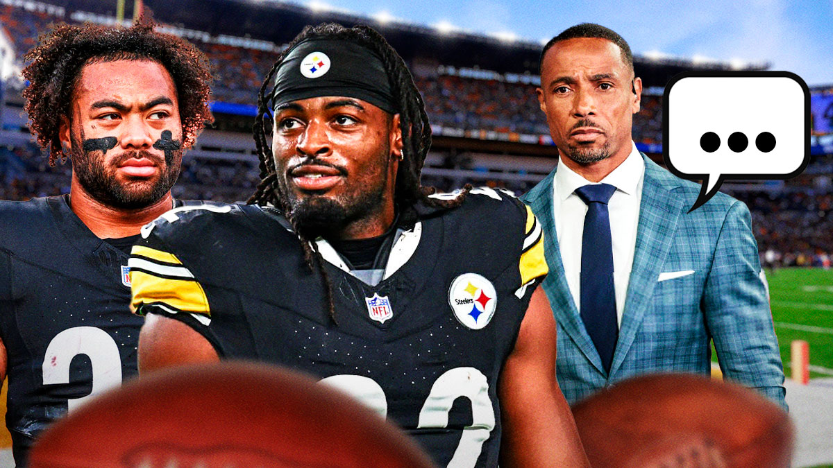 Former NFL safety Rodney Harrison with a speech bubble that has the three dots emoji inside. He is next to Pittsburgh Steelers RBs Najee Harris and Jaylen Warren. There is also a logo for the Pittsburgh Steelers.