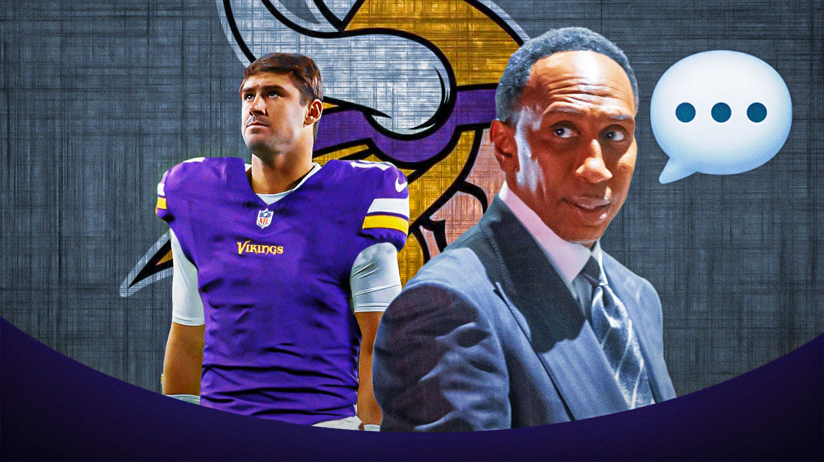 American TV personality Stephen A. Smith with a speech bubble that has the three dots emoji inside. He is next to QB Daniel Jones in a Vikings uniform. There is also a logo for the Minnesota Vikings.