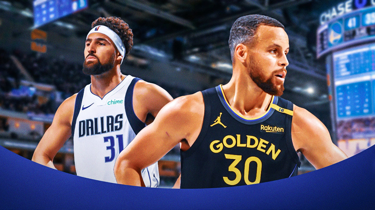 Warriors superstar Stephen Curry next to Mavericks guard Klay Thompson with the Warriors arena in the background