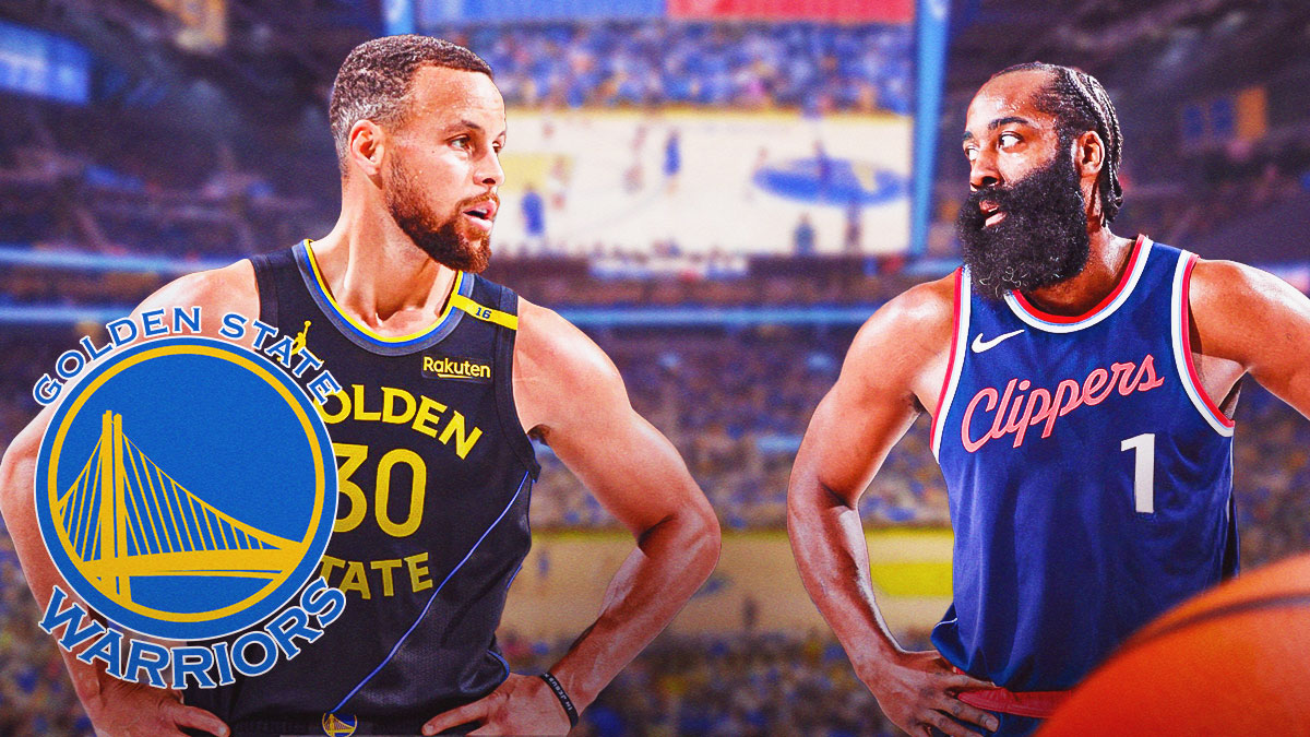 Warriors' Stephen Curry next to Clippers' James Harden