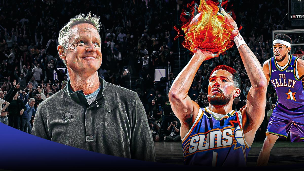 Warriors head coach Steve Kerr giving a thumbs up and Suns guard Devin Booker next to him, shooting a ball of fire. There's also another picture of Booker playing defense.
