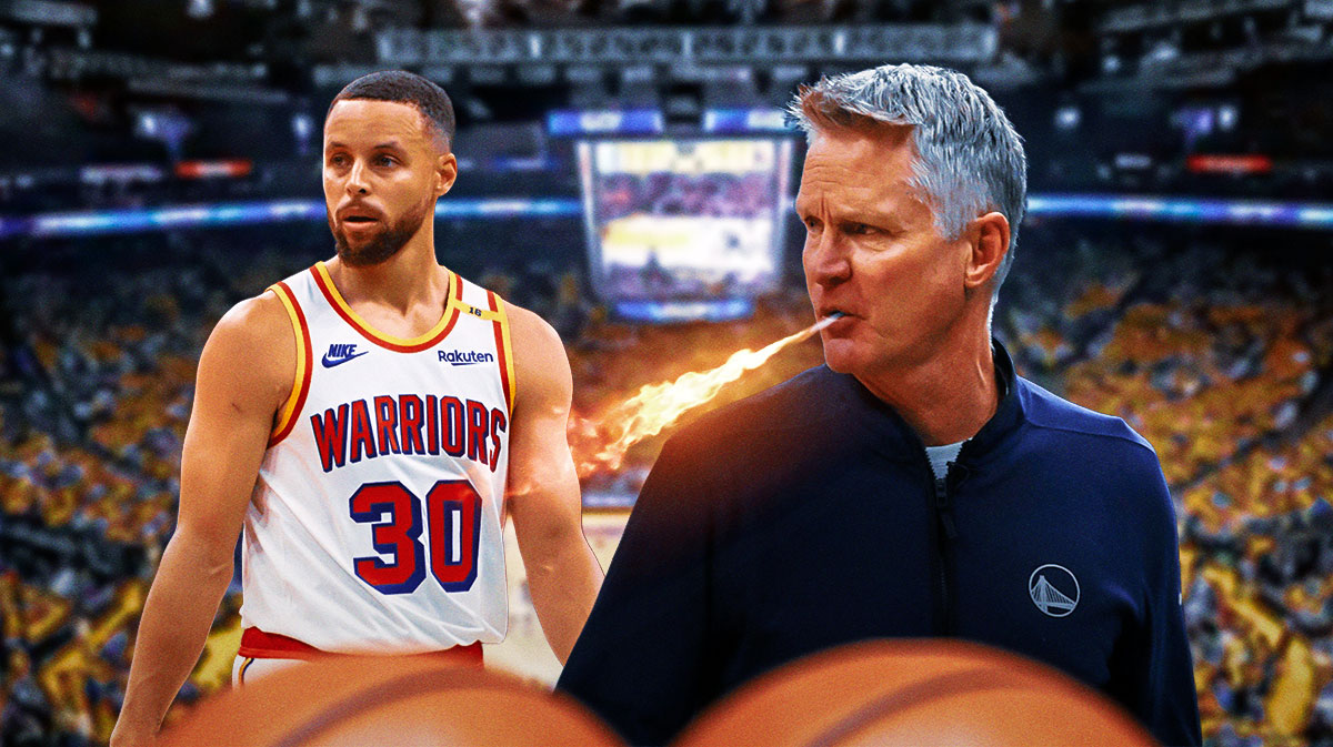 Steve Kerr breathing fire looking at Stephen Curry