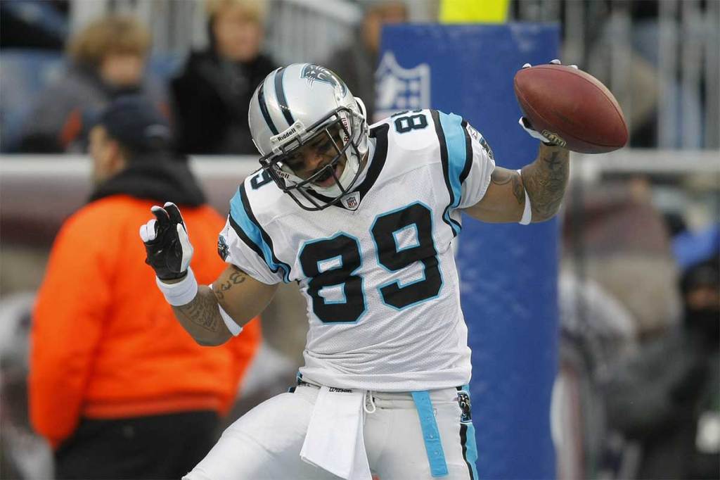 Carolina Panthers wide receiver Steve Smith (89) celebrates his touchdown catch against the New England Patriots during the first quarter at Gillette Stadium.