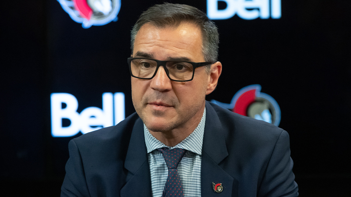 Steve Staios is introduced as the Ottawa Senators General Manager and President of Hockey Operations prior to the start of game against the Buffalo Sabres at the Canadian Tire Centre.