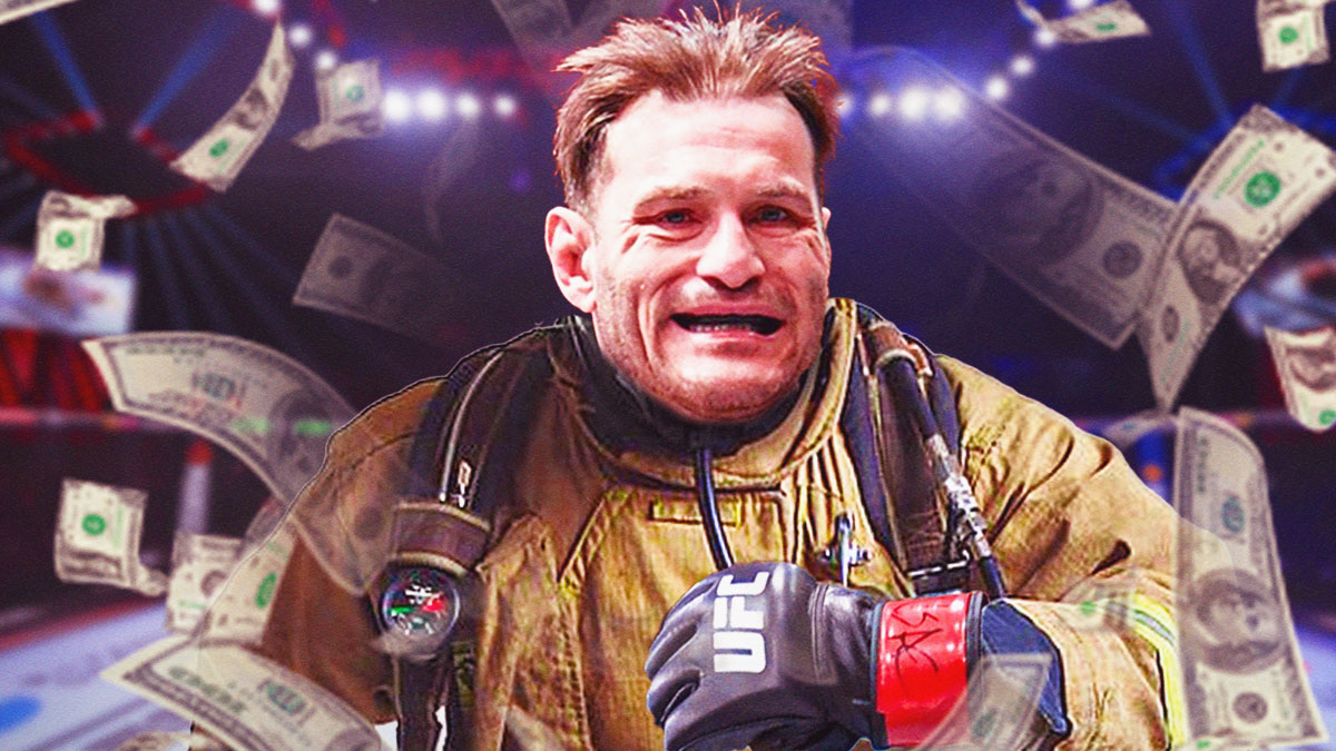 Stipe Miocic with money all around him. Wearing UFC gloves and in a UFC octagon but with firefighter gear on.
