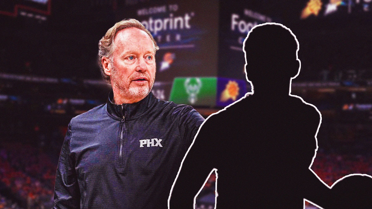 Request for a new graphic: Suns head coach Mike Budenholzer looking at a silhouette of Devin Booker and a background of the Footprint Center behind them