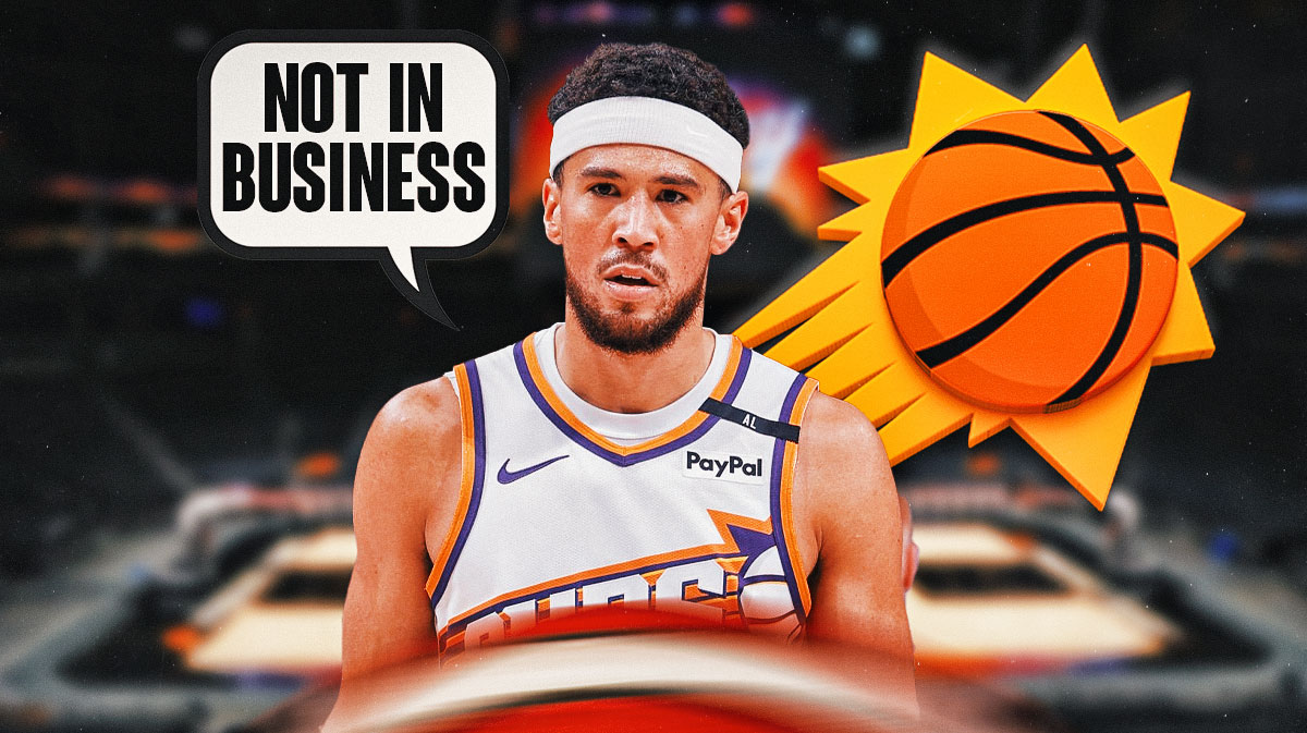 Suns' Devin Booker with a talk bubble NOT IN BUSINESS with a Suns logo beside him