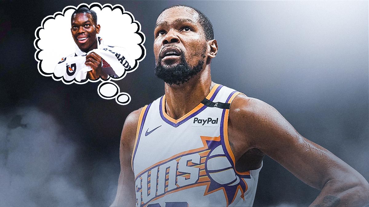 Suns forward Kevin Durant looking puzzled with a thought bubble of the Nets celebrating a win, with a background of the Footprint Center behind Durant