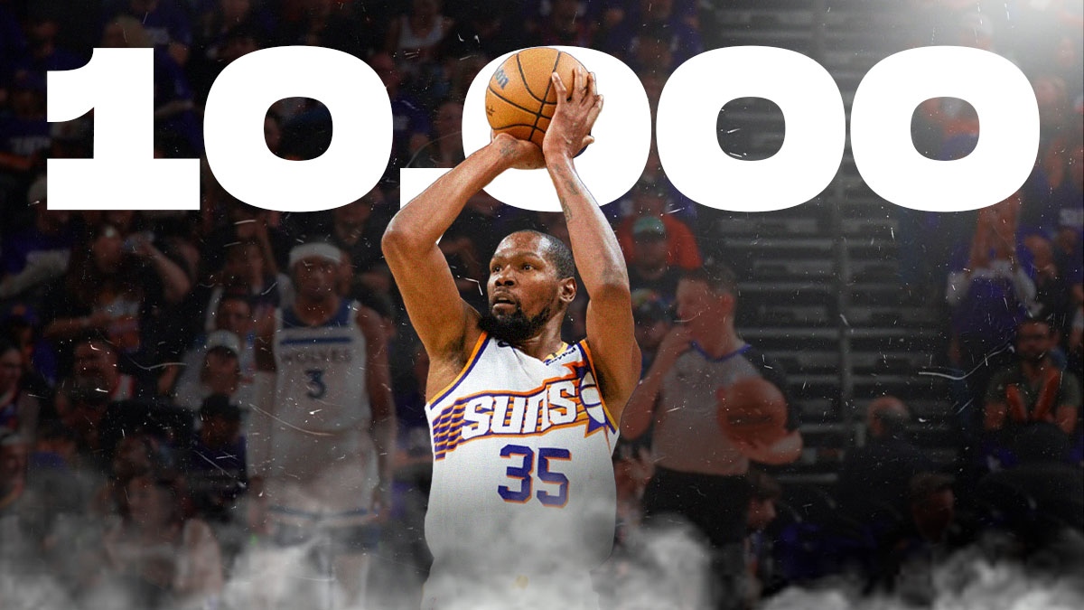 Phoenix Suns forward Kevin Durant with the text 10,000 above him and him shooting a ball.