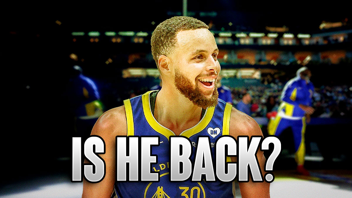 Warriors' Stephen Curry smiling, with caption below: IS HE BACK?