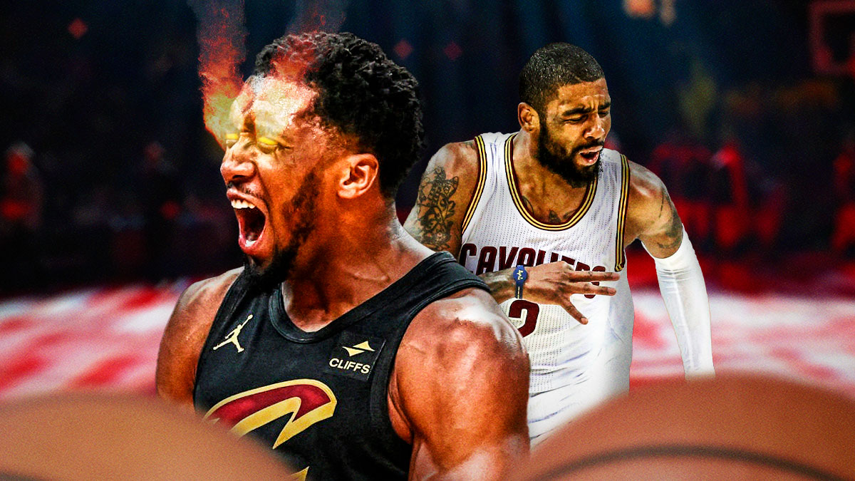Donovan Mitchell (with fire in his eyes) standing next to Kyrie Irving (in a Cavs uniform)