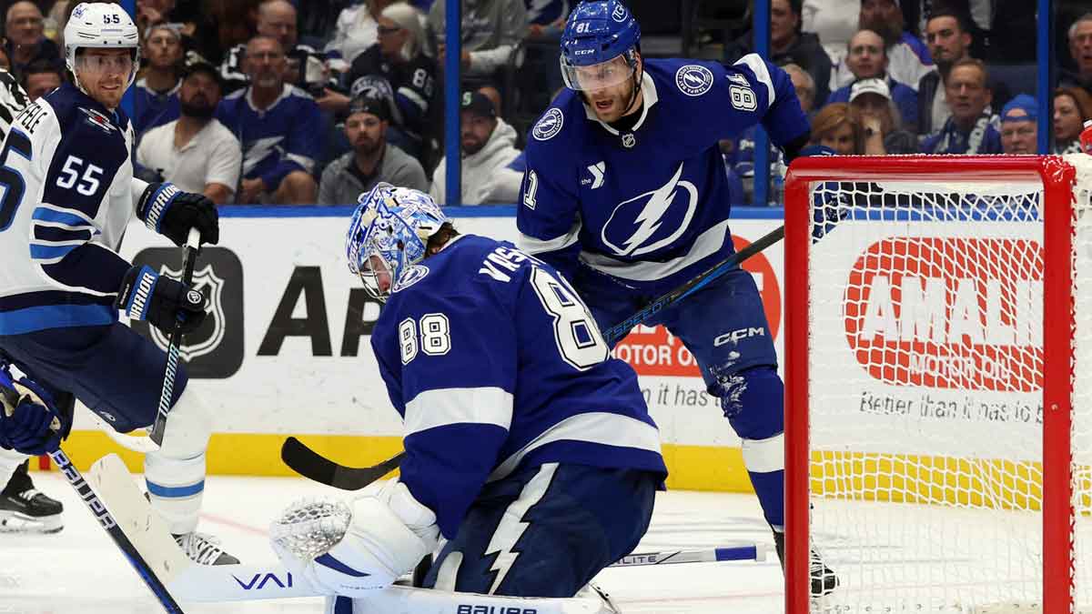 Tampa Bay Lightning goaltender Andrei Vasilevskiy (88) makes a save against the Winnipeg Jets during the second period at Amalie Arena.
