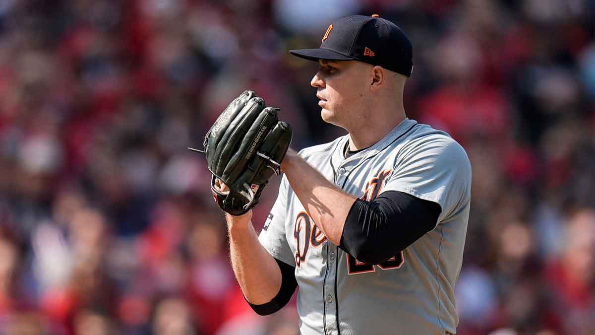 Detroit Tigers pitcher Tarik Skubal (29) throws against Cleveland Guardians during the second inning at Game 5 of ALDS at Progressive Field in Cleveland, Ohio on Saturday, Oct. 12, 2024.