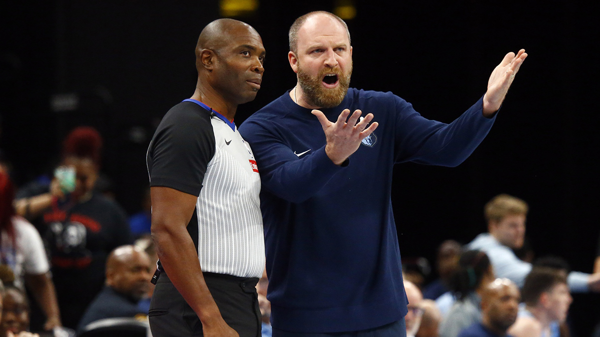 Memphis Grizzlies head coach Taylor Jenkins reacts toward an official during the first half against the Denver Nuggets at FedExForum.