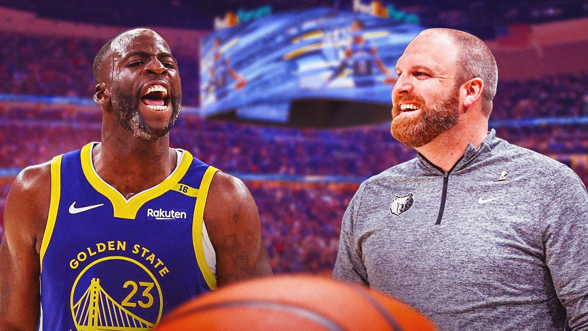 Warriors' Draymond Green looking angry, with Grizzlies' Taylor Jenkins smiling beside him
