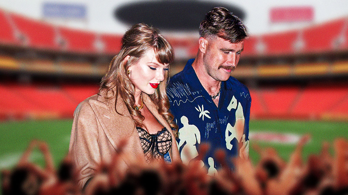 Taylor Swift and Kansas City Chiefs tight end Travis Kelce with GEHA Field at Arrowhead Stadium background.